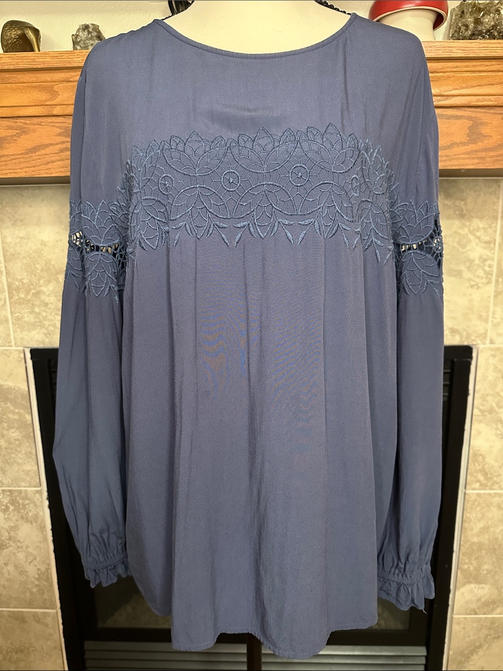 Boho Slate Blue Embroidered Lace Eyelet Long Sleeve Blouse Size L